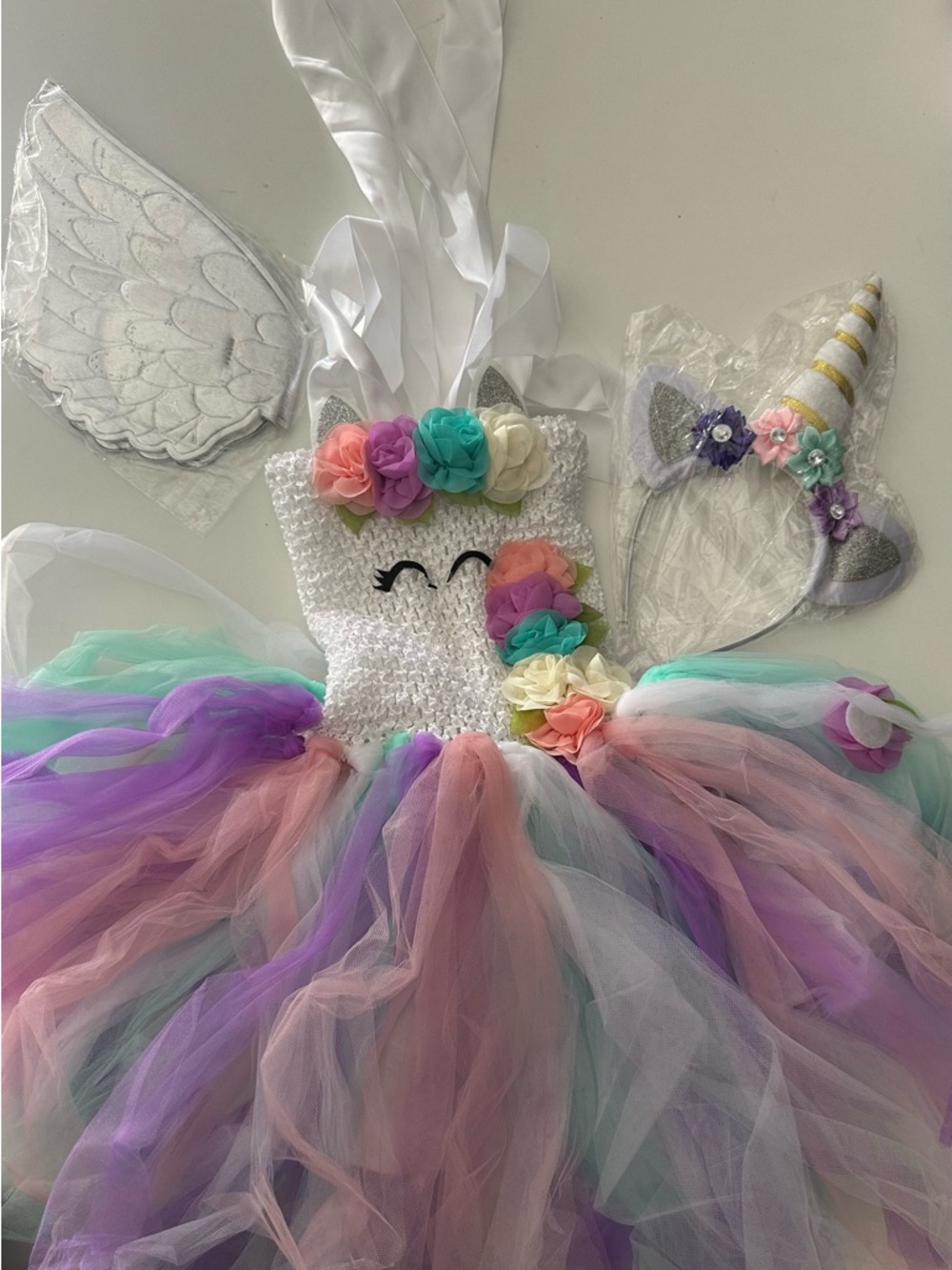 Unicorn Tulle Dress with Floral Crown - Multicolor